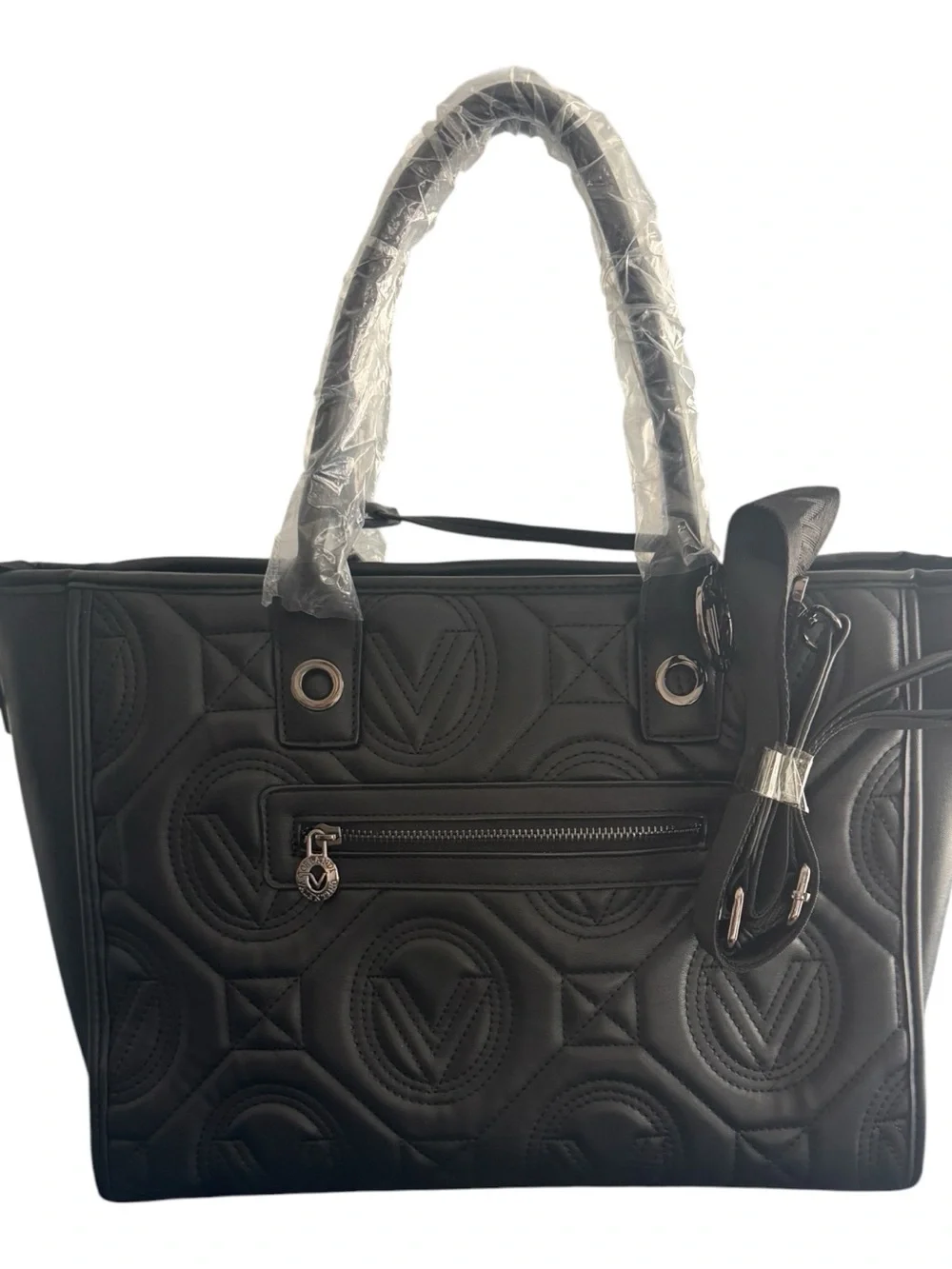 NWT Valentino Orlandi Black Quilted Tote Bag V Logo Luxury Shoulder Bag